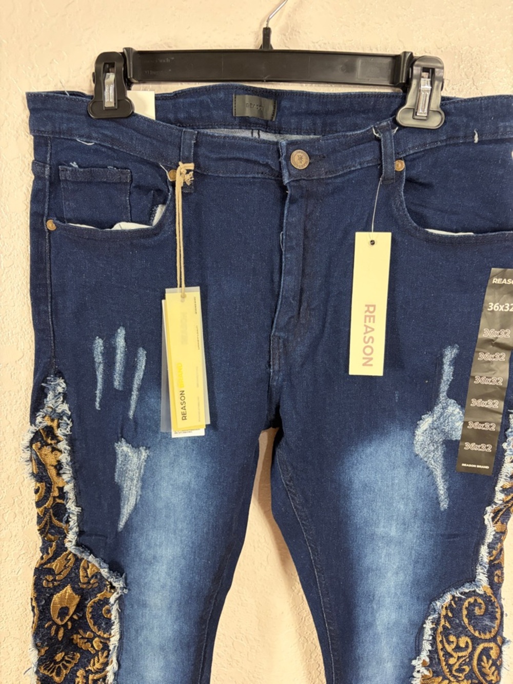 Reason Embroidered Side-Panel Skinny Jeans - Navy & Gold,Size 36x32 - Picture 5 of 17